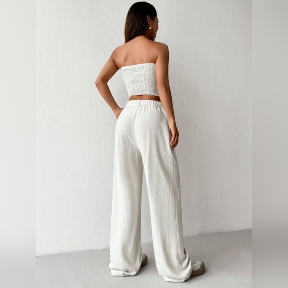 Ladies' Linen Simple Solid Color Tube Top And Long Pants Two-Piece Set - Picture 3 of 7